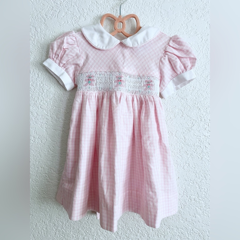 Carriage Boutique Pink Gingham Smocked Peter Pan Collar Girl Dress 18M Bear